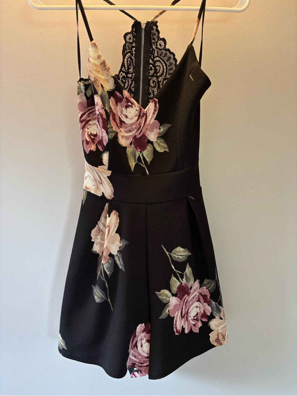 Black Floral Lace-Back Romper